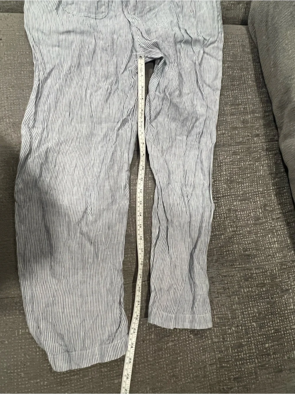 Quince 100% European Linen Tapered Ankle Pants in the Blue Pinstripe pattern.